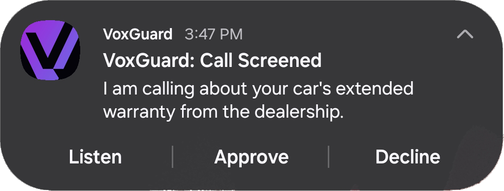 VoxGuard heads-up notification reading 'Call Screened' with the caller's transcribed reason, 'I am calling about your car's extended warranty from the dealership,' and Listen, Approve, and Decline buttons
