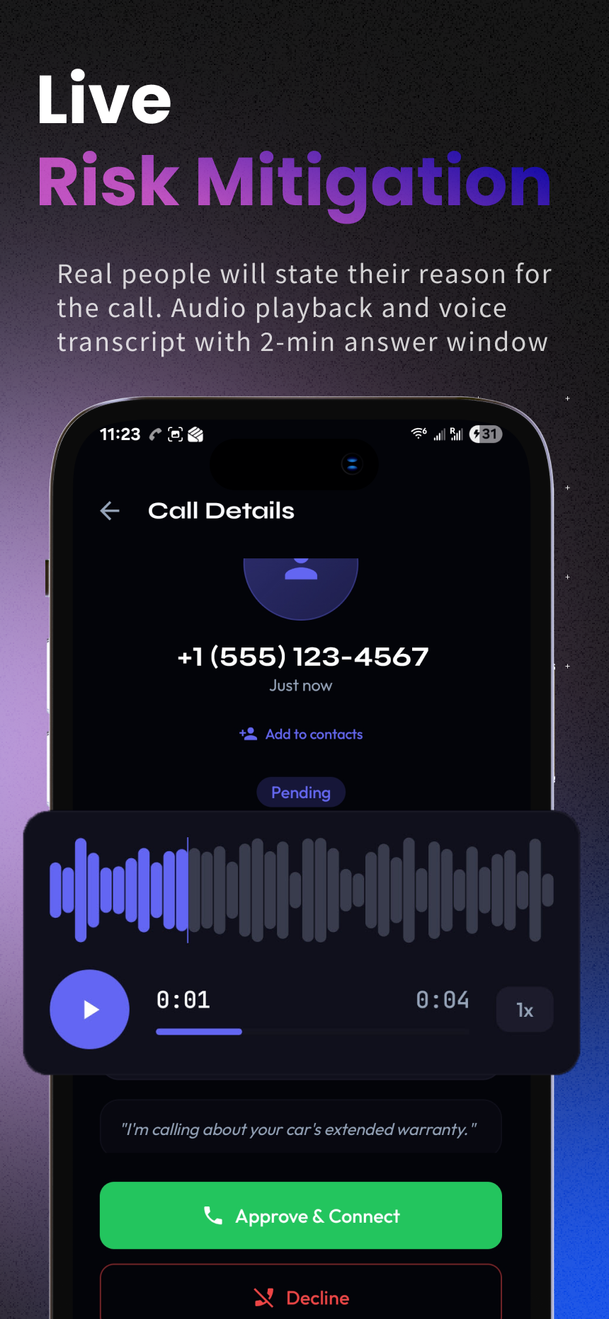 VoxGuard Call Detail screen with audio and transcript